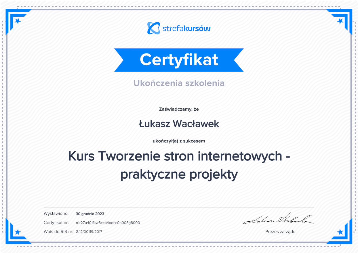 Certyfikat kursu Tworzenie stron internetowych