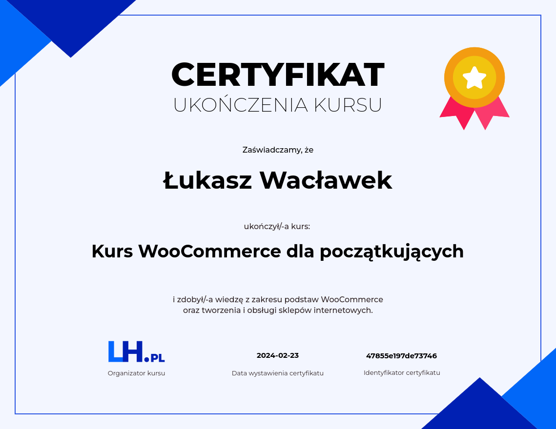 Certyfikat kursu WooCommerce