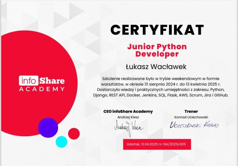 Certyfikat Junior Python Developer